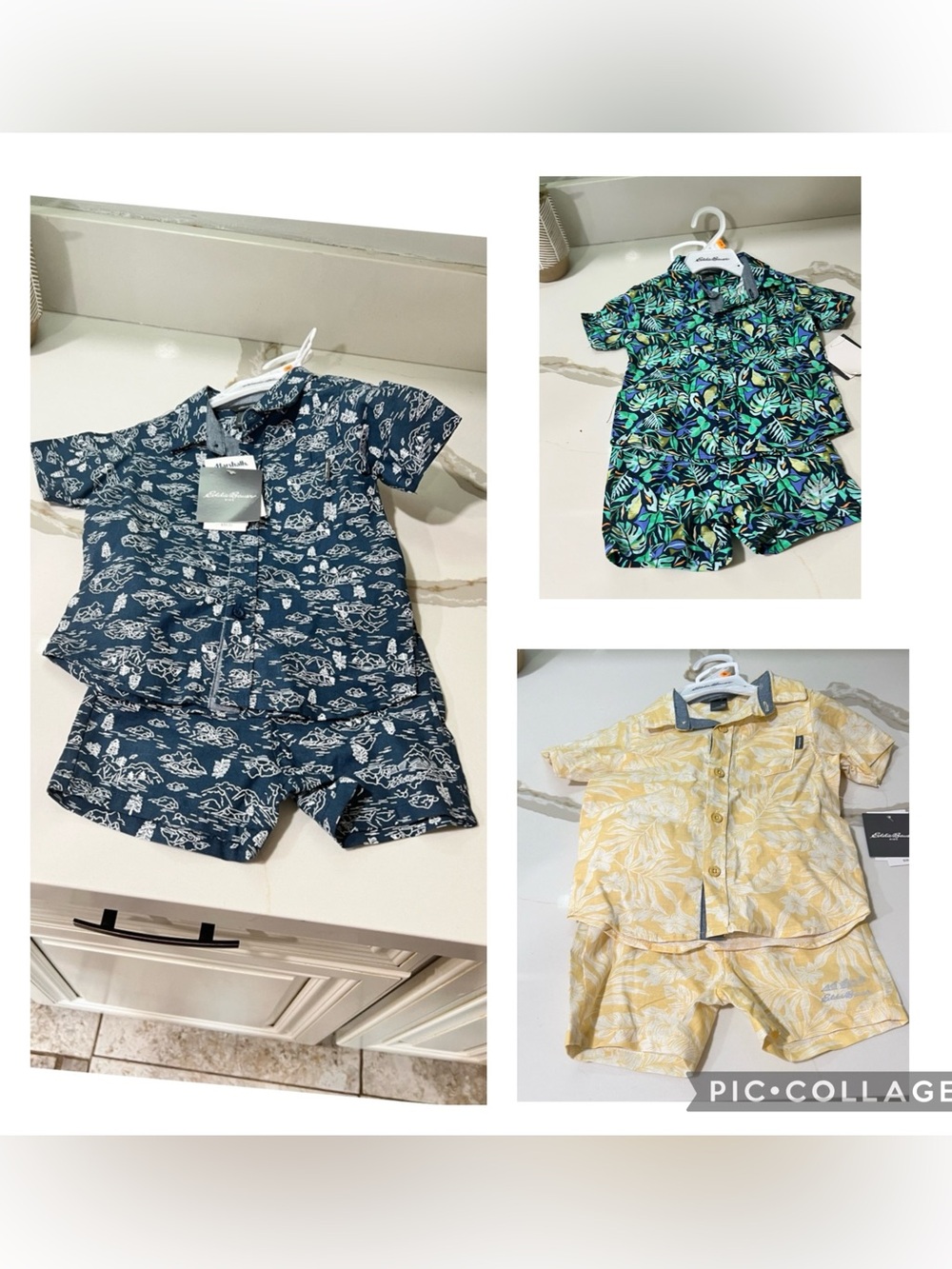 Eddie Bauer- 3 Boy's short sets- in Yellow, Tropical, and Blue size 12M